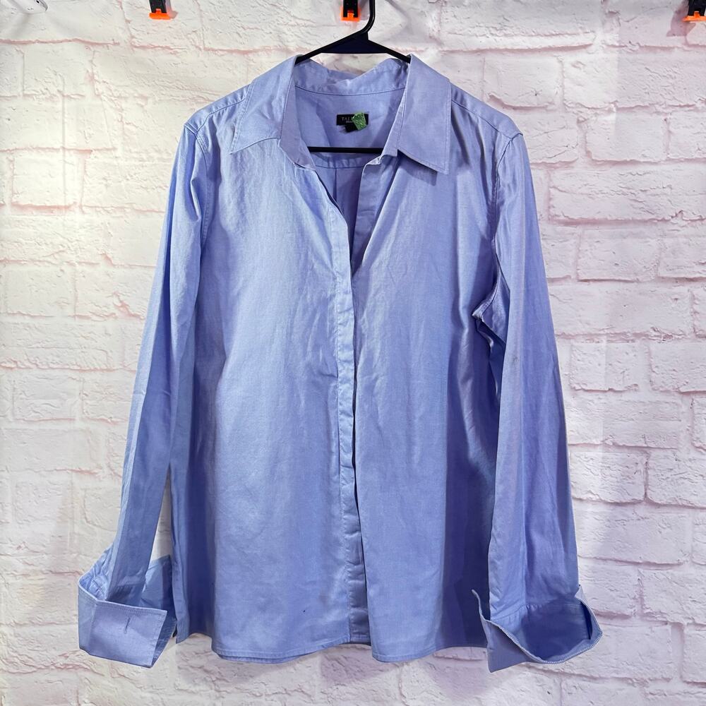 Talbots light blue cotton button up blouse sz 16 fold up cuffs #business #preppy